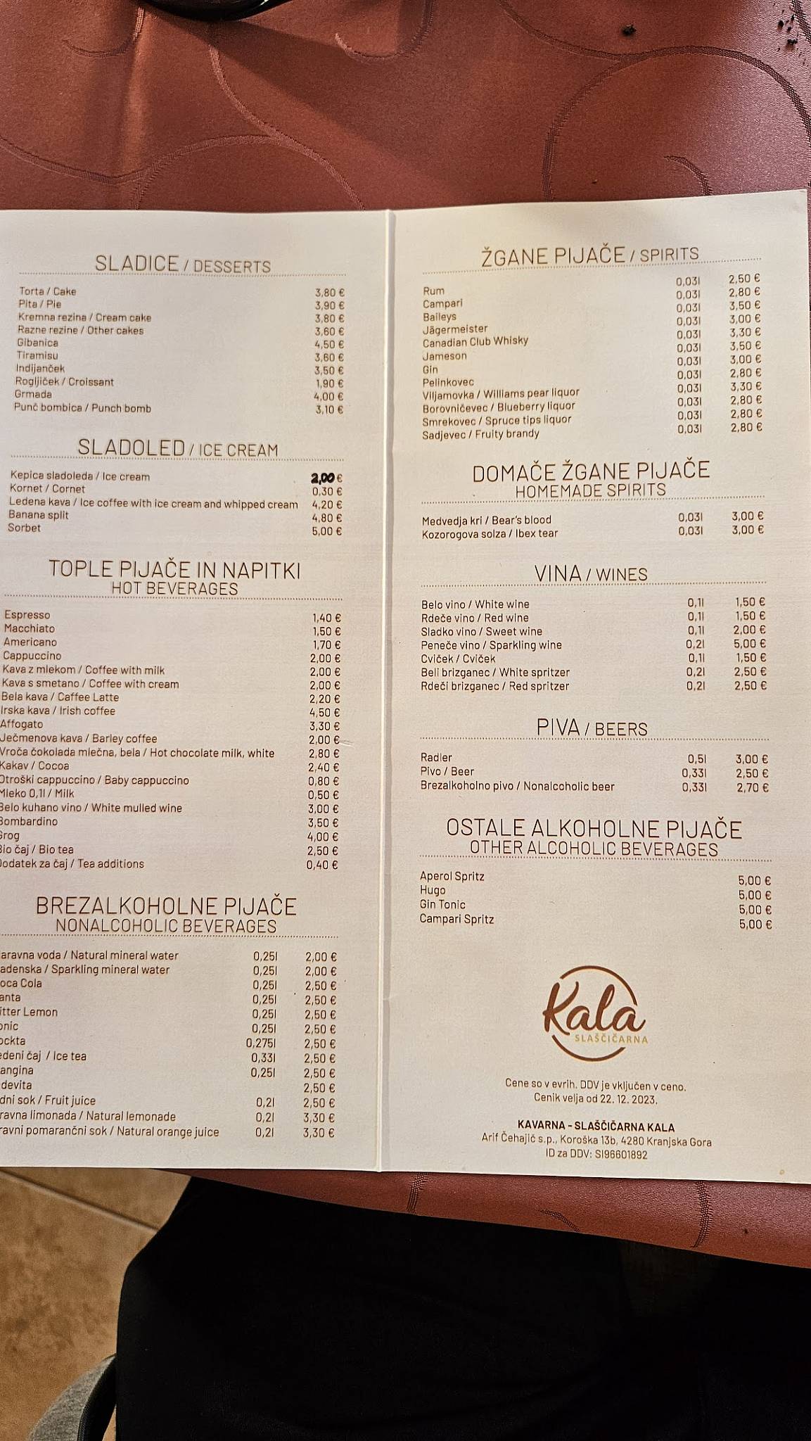 Menu di Confectionery Kala, B & B Kranjska Gora, Arif Čehajić SpA 