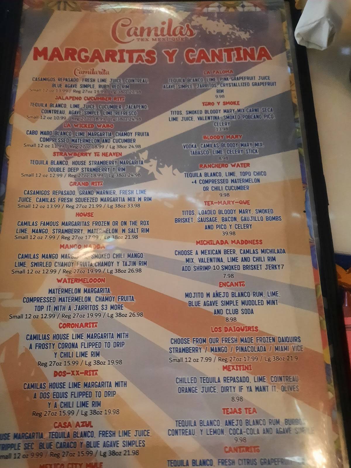 Menu at Camila's TexMexiQue restaurant, Conroe