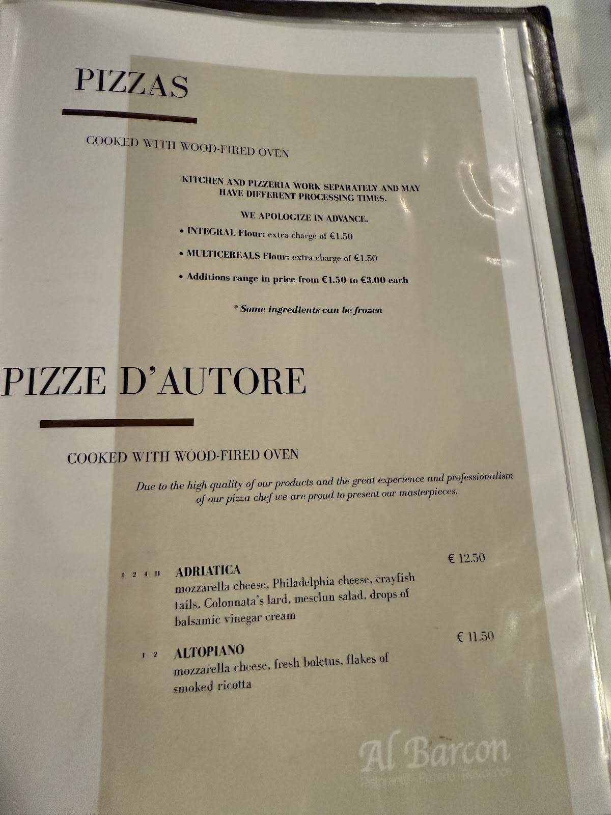 Menu di Al Barcon Ristorante-pizzeria e Residence 