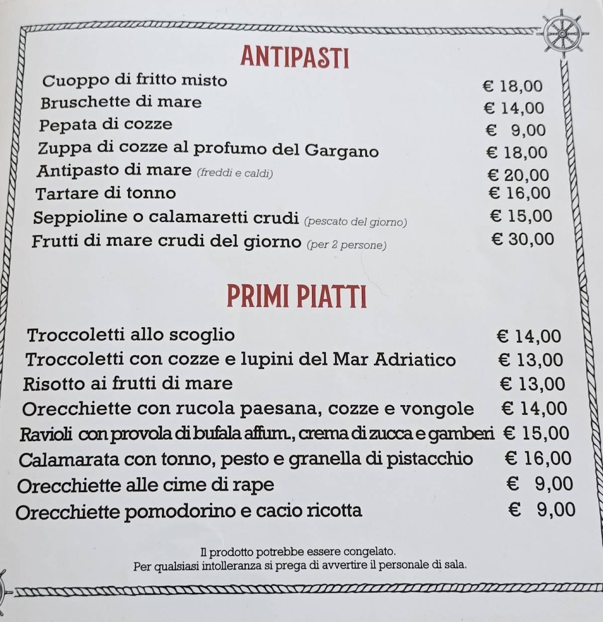 Menu di Coppola Rossa- Dal mare alla tavola da Marco 