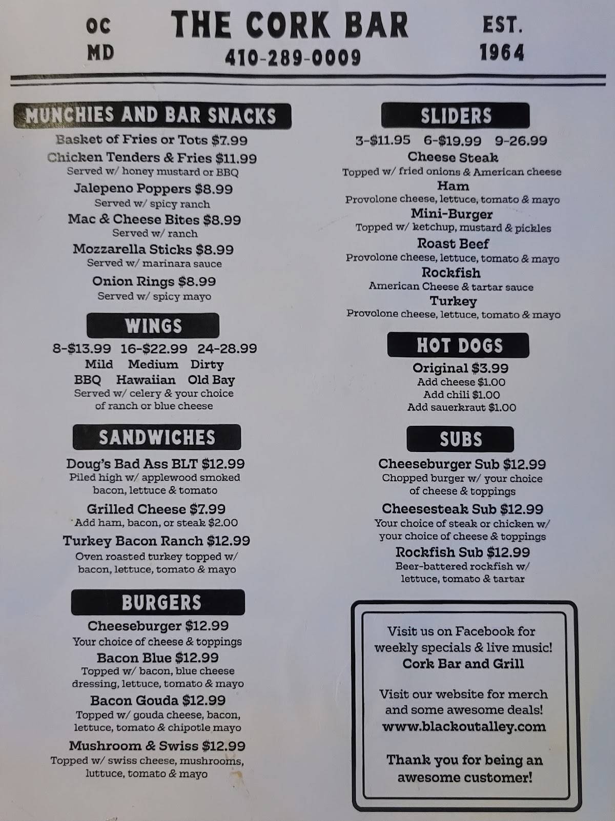 Menu at Cork Bar, Ocean City