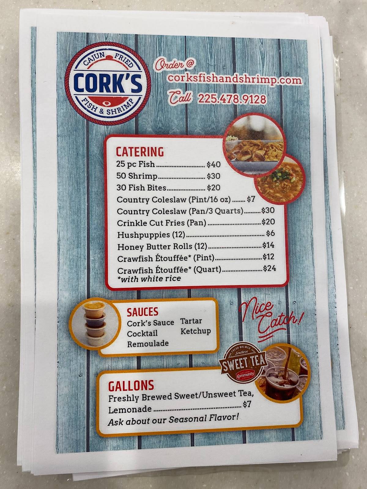 Menu at Cork's Cajun Fried Fish & Shrimp restaurant, Baton Rouge