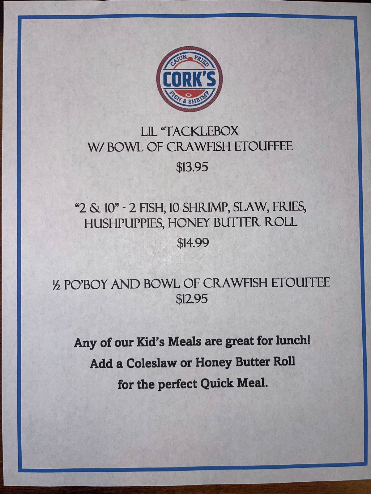 Menu at Cork's Cajun Fried Fish & Shrimp restaurant, Baton Rouge