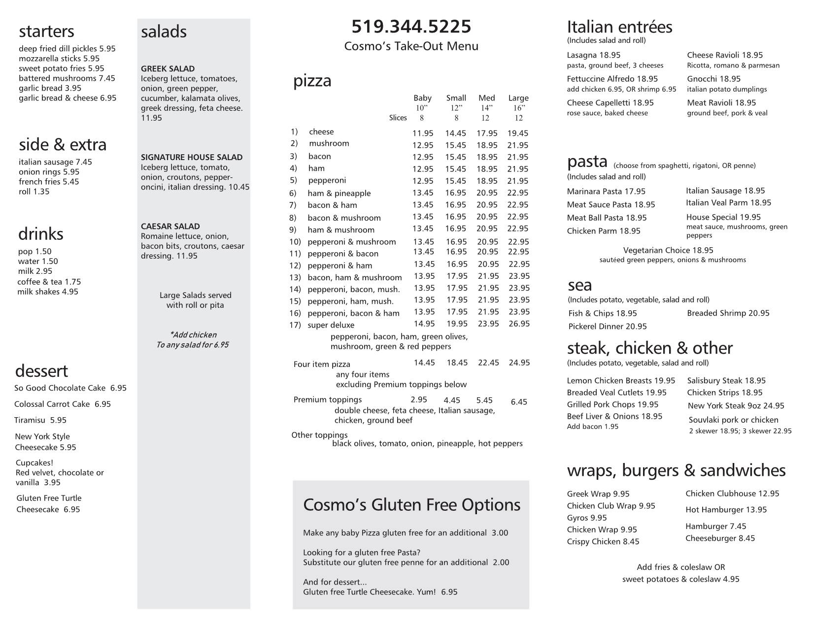 Menu at Cosmo's Family Restaurant, Sarnia