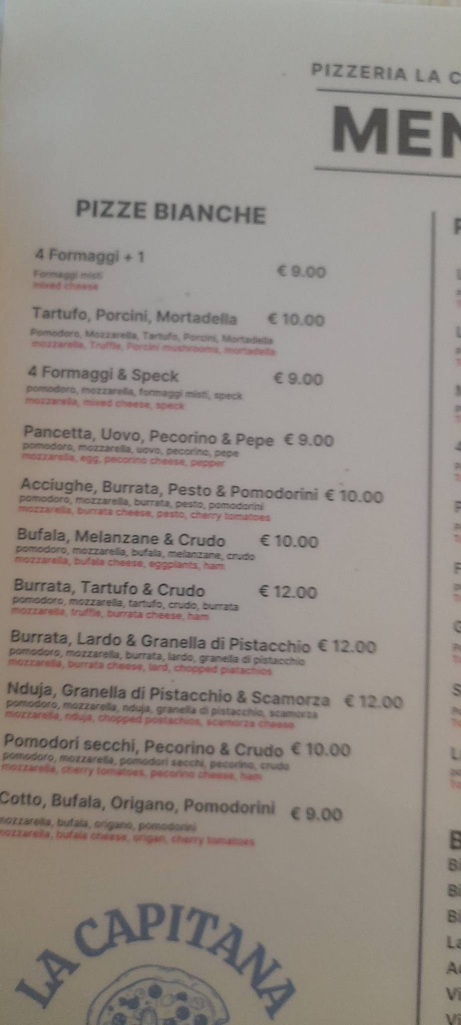 Menu di Pizzeria la capitana. 