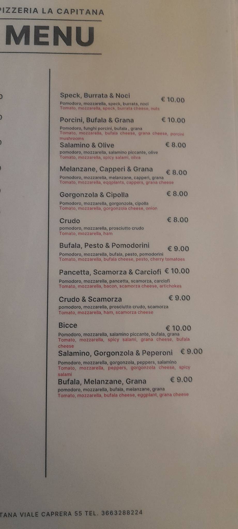 Menu di Pizzeria la capitana. 