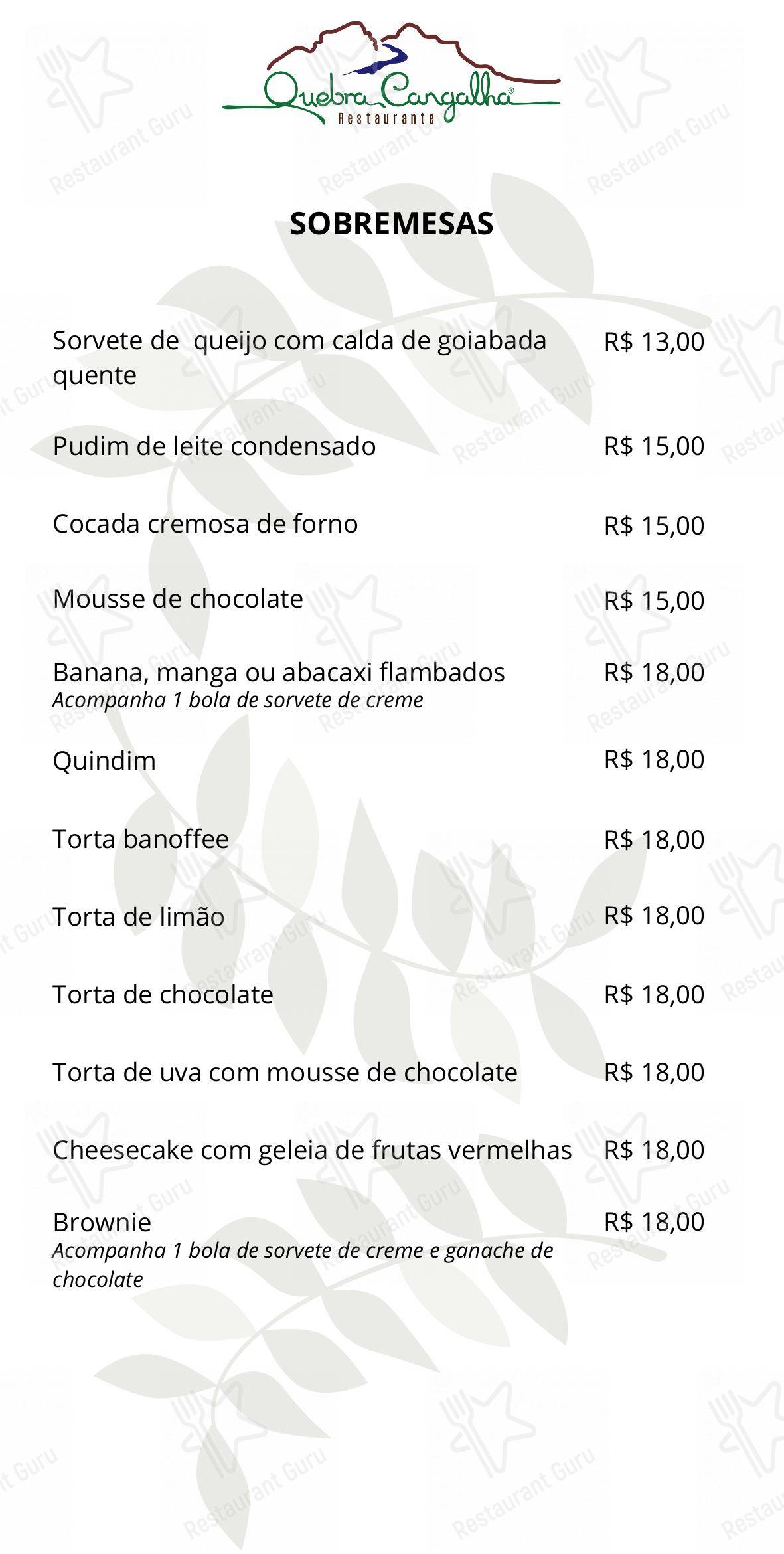 Menu bar para Quebra Cangalha restaurante