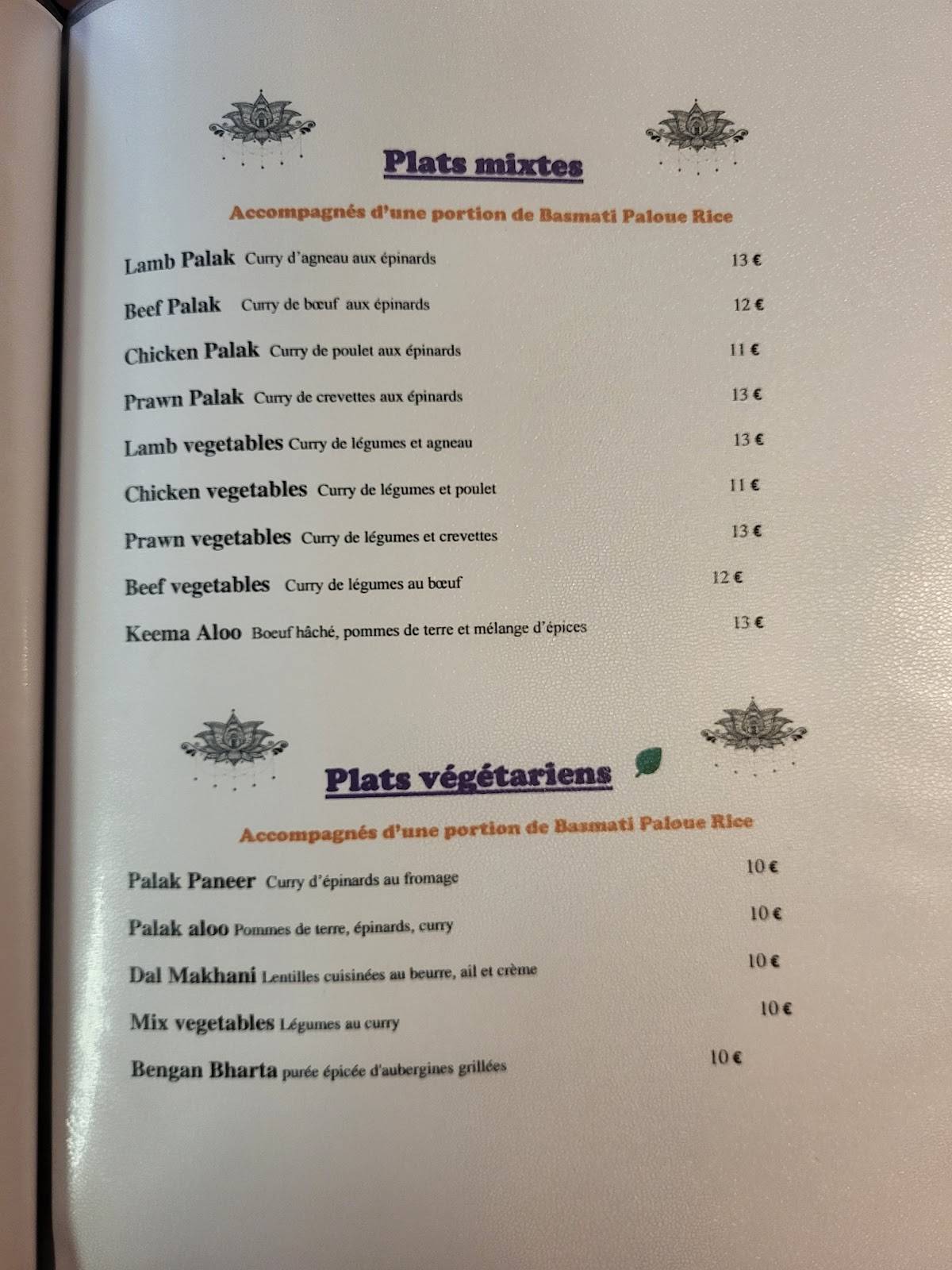 Menu de DIVALI restaurant indien traditionnel
