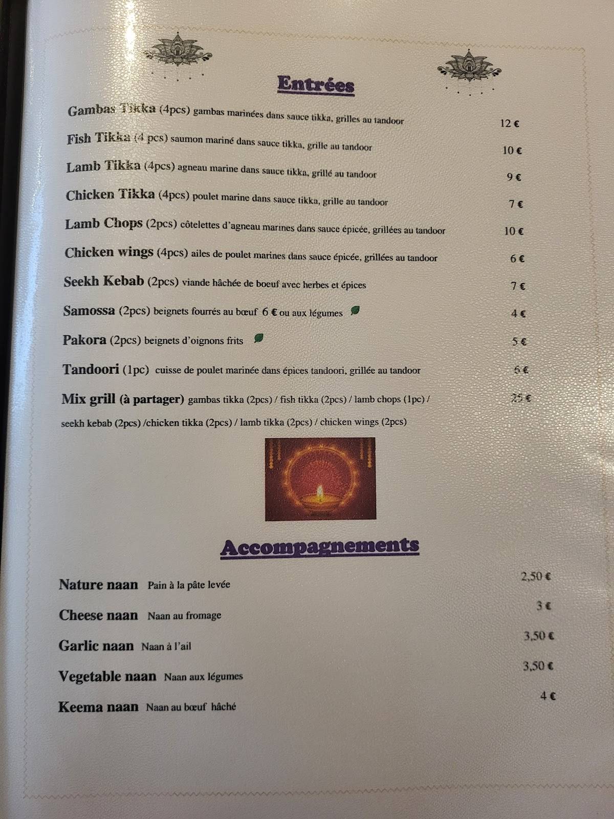 Menu de DIVALI restaurant indien traditionnel