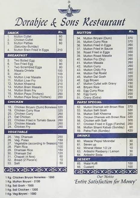 DORABJEE & SONS menu