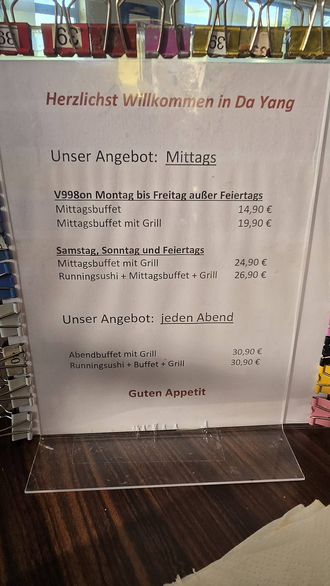 Menu de Da Yang