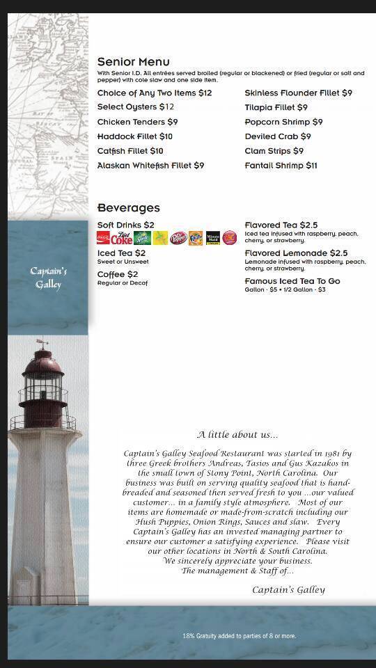 Menu at Captain's Galley restaurant, Dandridge