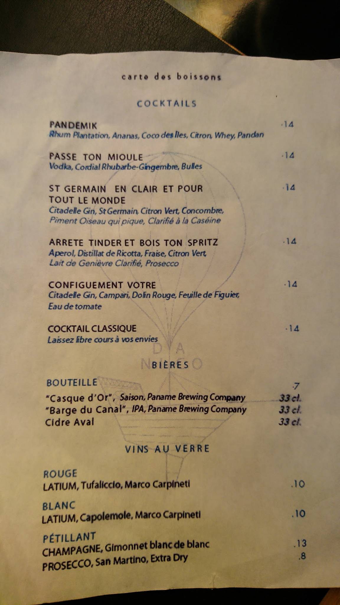 Menu at Danico pub & bar, Paris