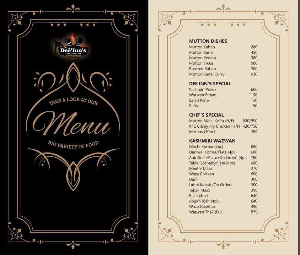 Deeinn's premium lounge menu