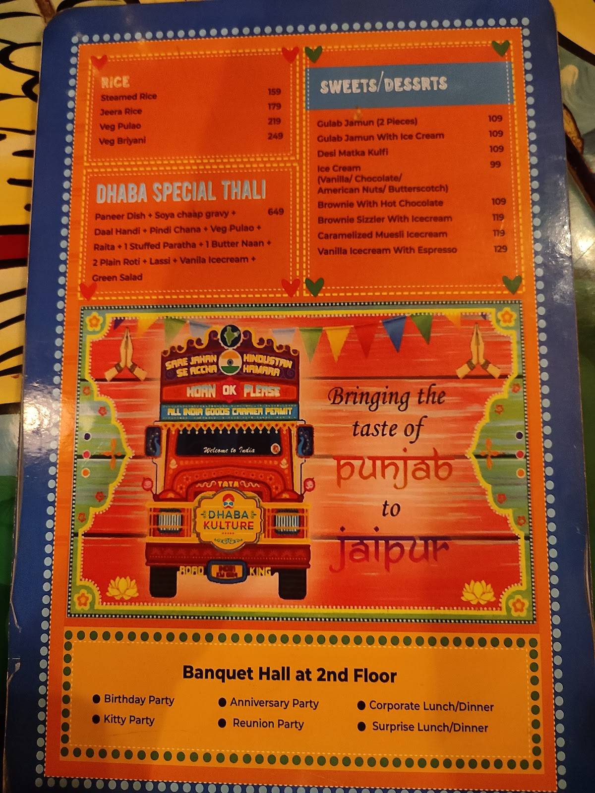 Dhaba Kulture Family Restaurant Banquet Halls Vegetarian Restaurant menu