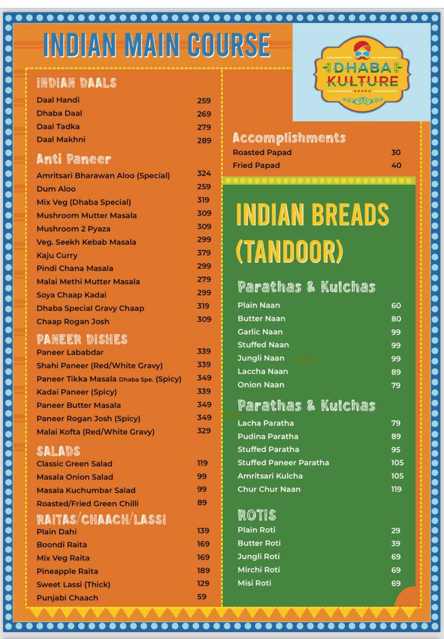 Dhaba Kulture Family Restaurant Banquet Halls Vegetarian Restaurant menu