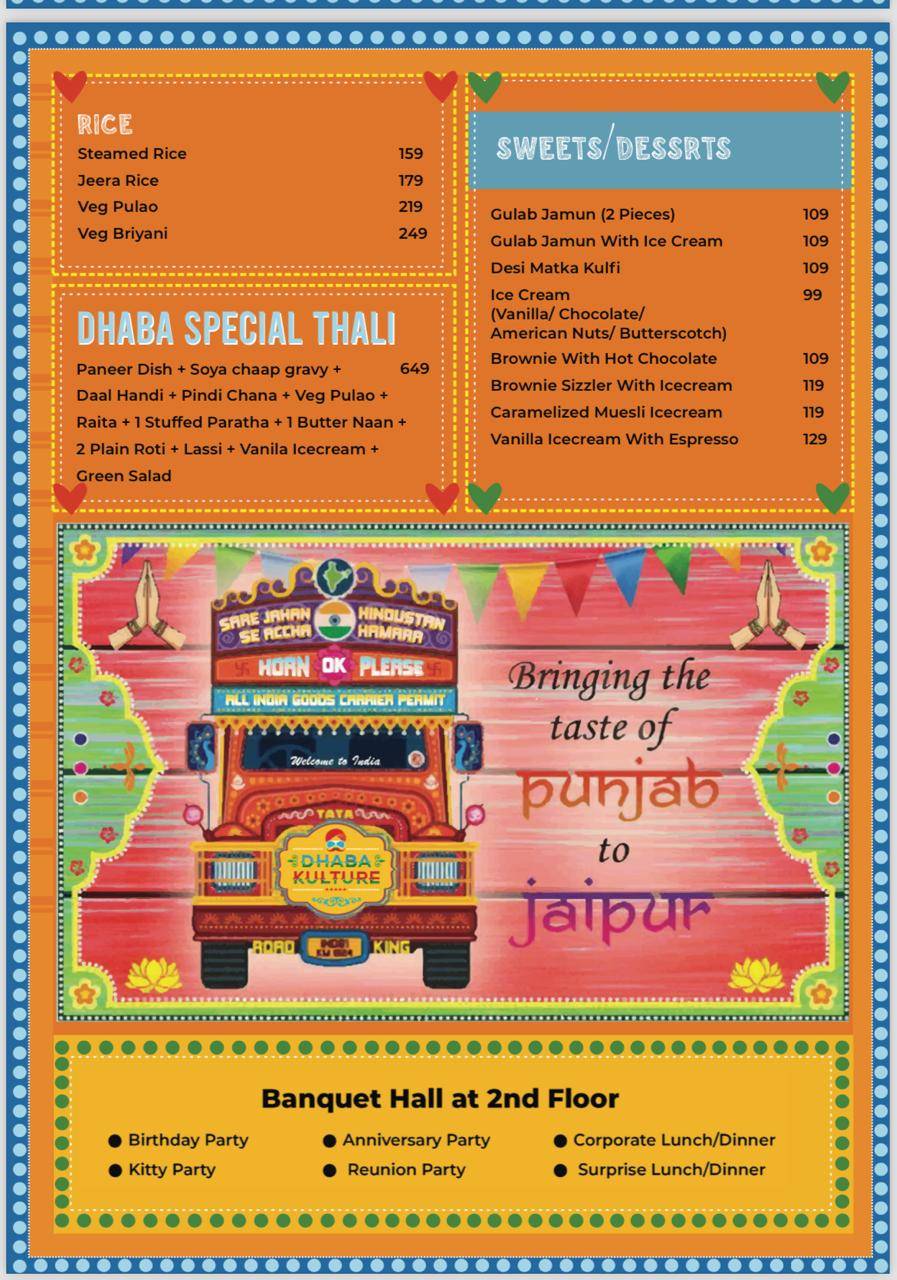 Dhaba Kulture Family Restaurant Banquet Halls Vegetarian Restaurant menu