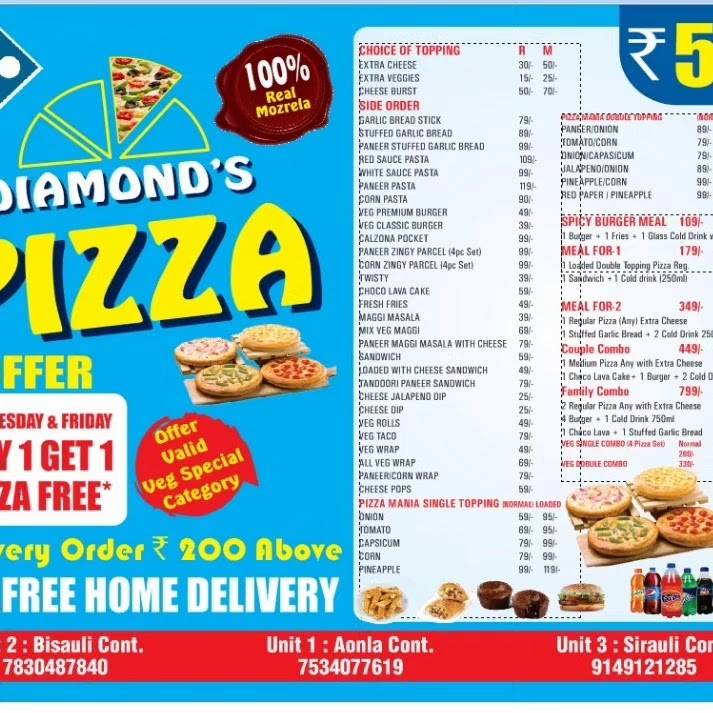 Diamond's Pizza menu