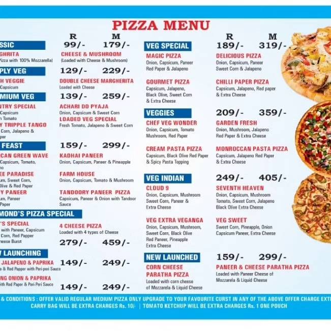 Diamond's Pizza menu