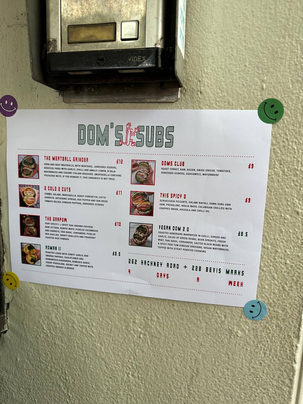 Menu at Dom's Subs restaurant, London, 262 Hackney Rd
