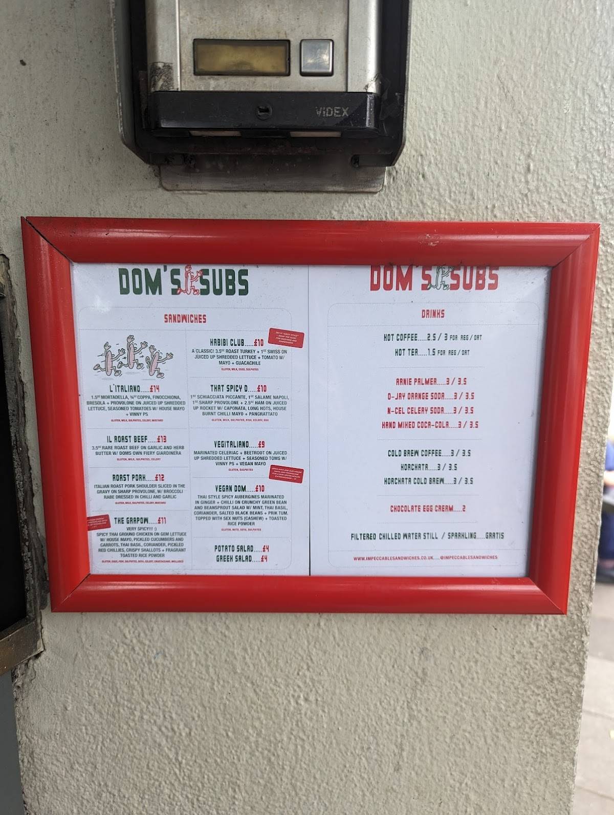 Menu at Dom's Subs restaurant, London, 262 Hackney Rd