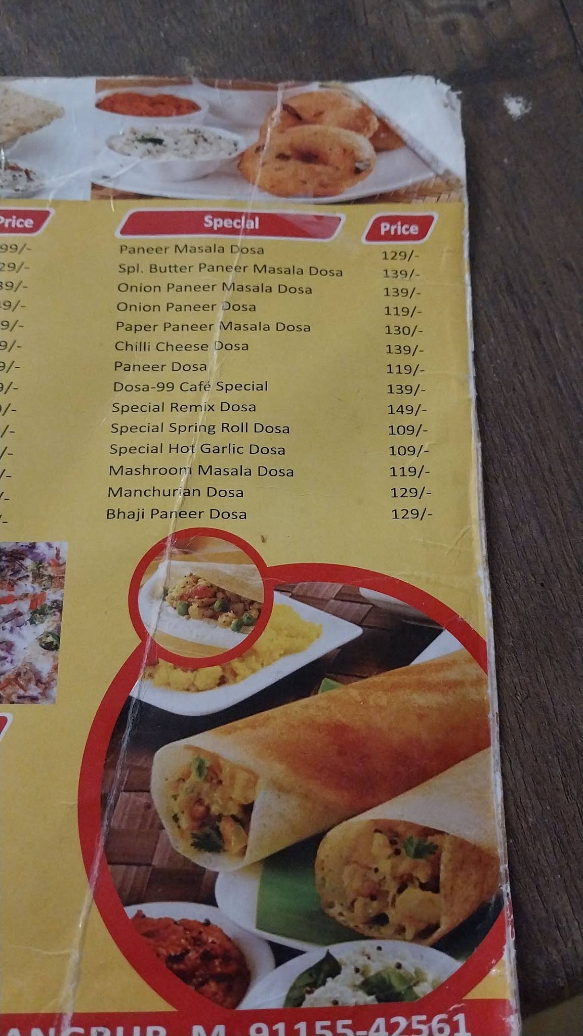 Dosa 99 Cafe menu