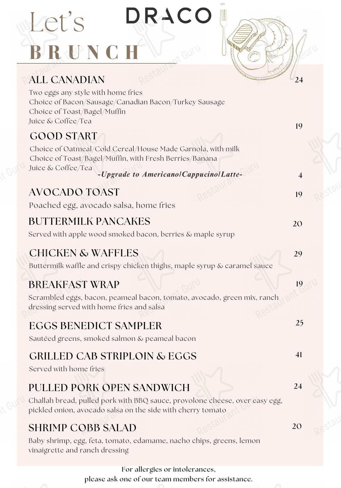 Menu pour Draco Markham pub et bar