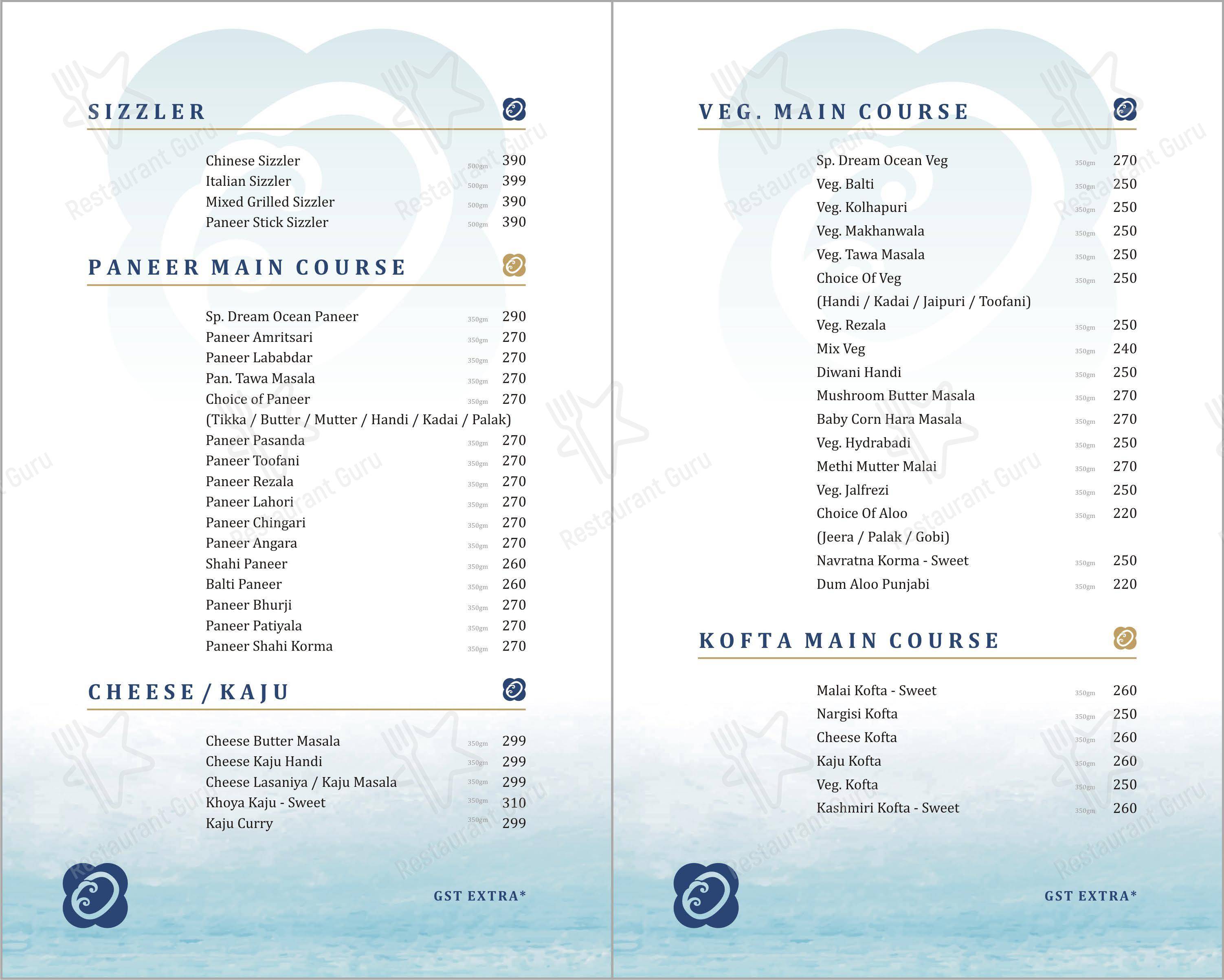 Menu for the Dream Ocean banquet and restaurant restaurant