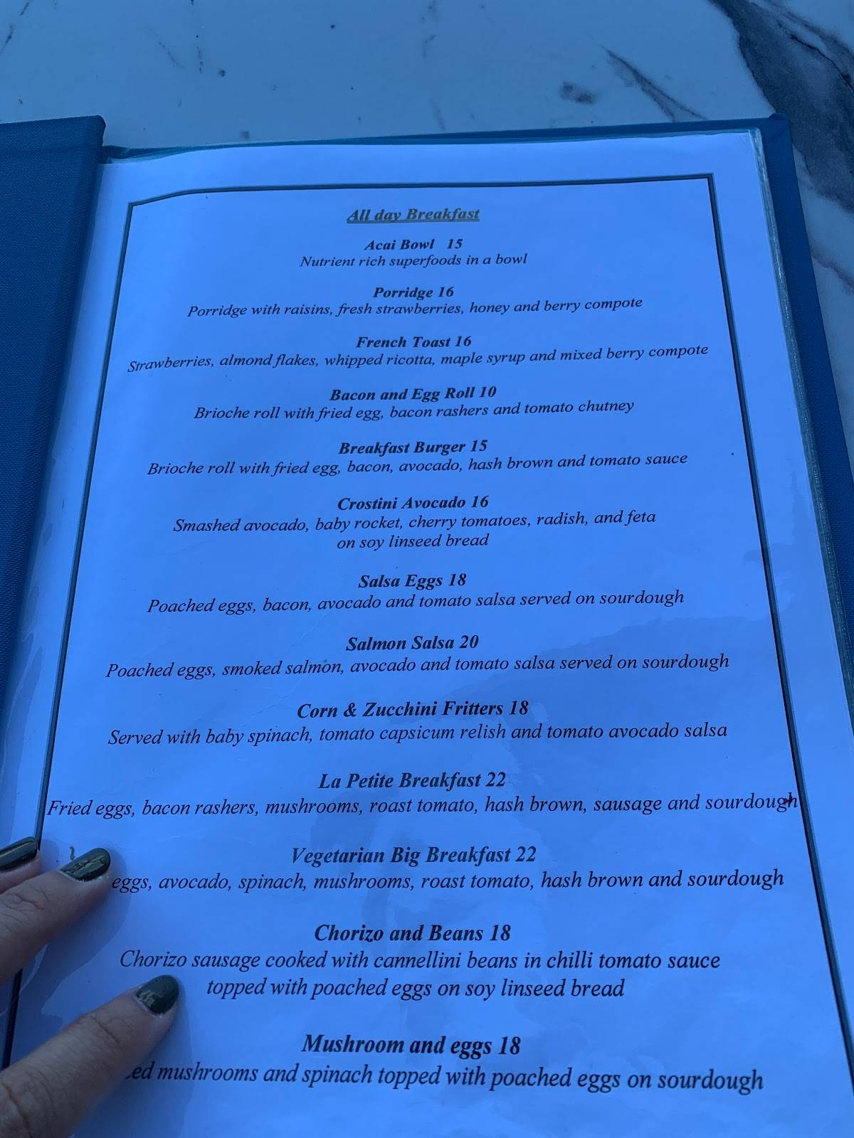 Menu at La Petite Birkenhead cafe, Drummoyne