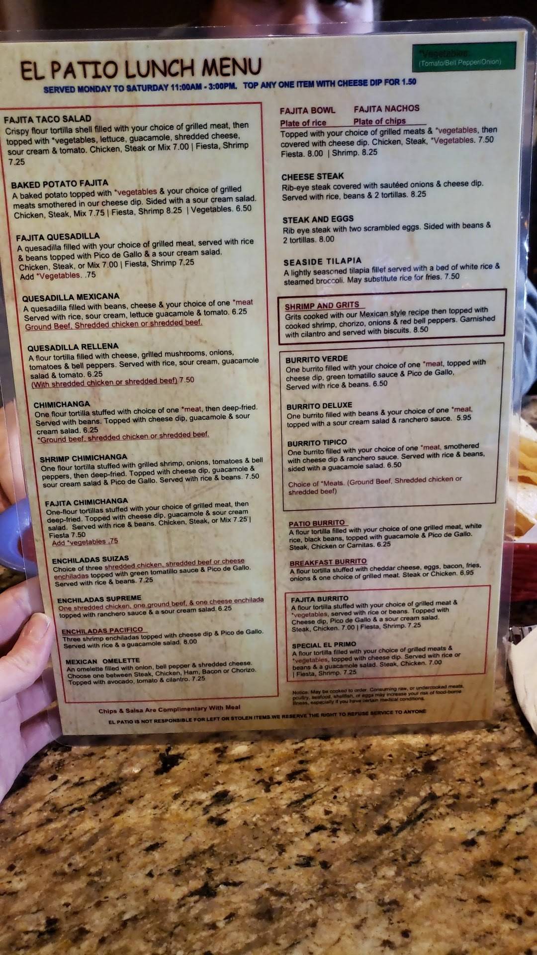 Menu at El Patio restaurant, Dyersburg, US Highway 51 Bypass North