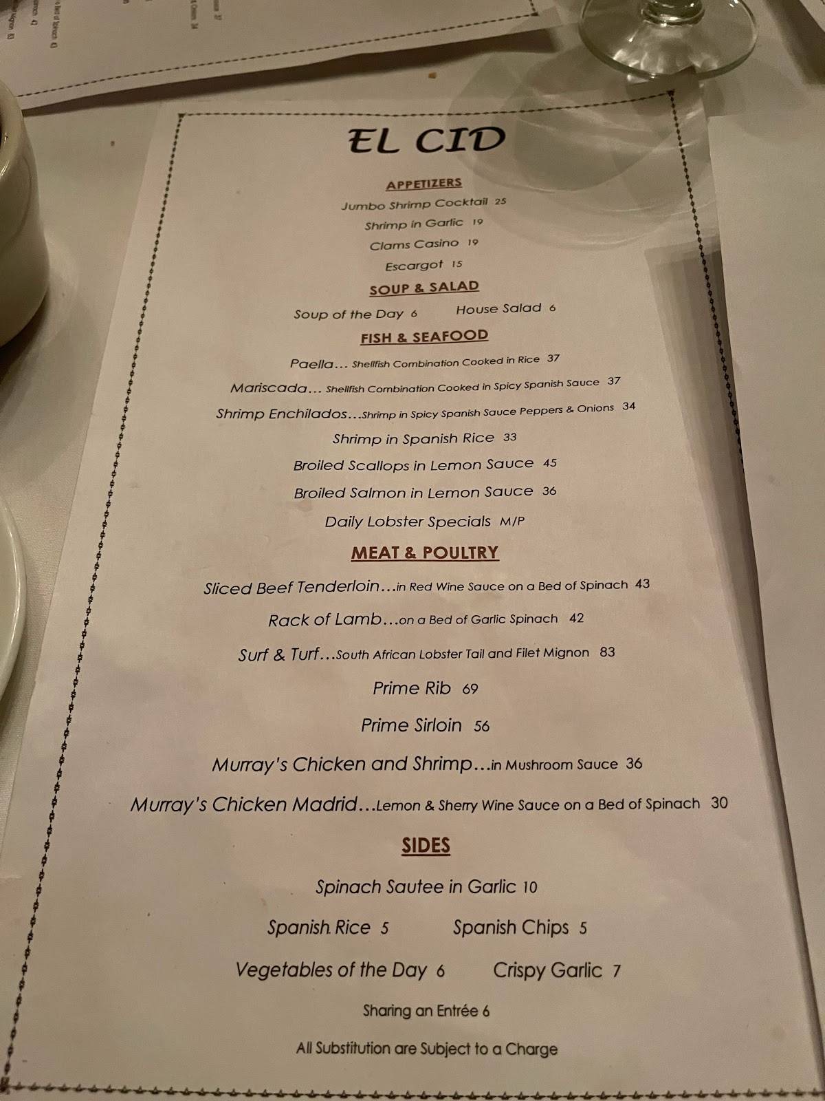 Menu at EL CID restaurant, Paramus