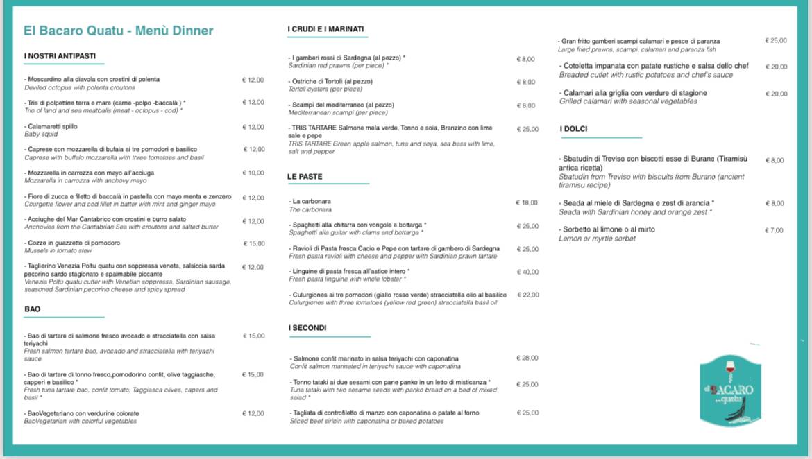 Menu di El Bacaro Quatu 