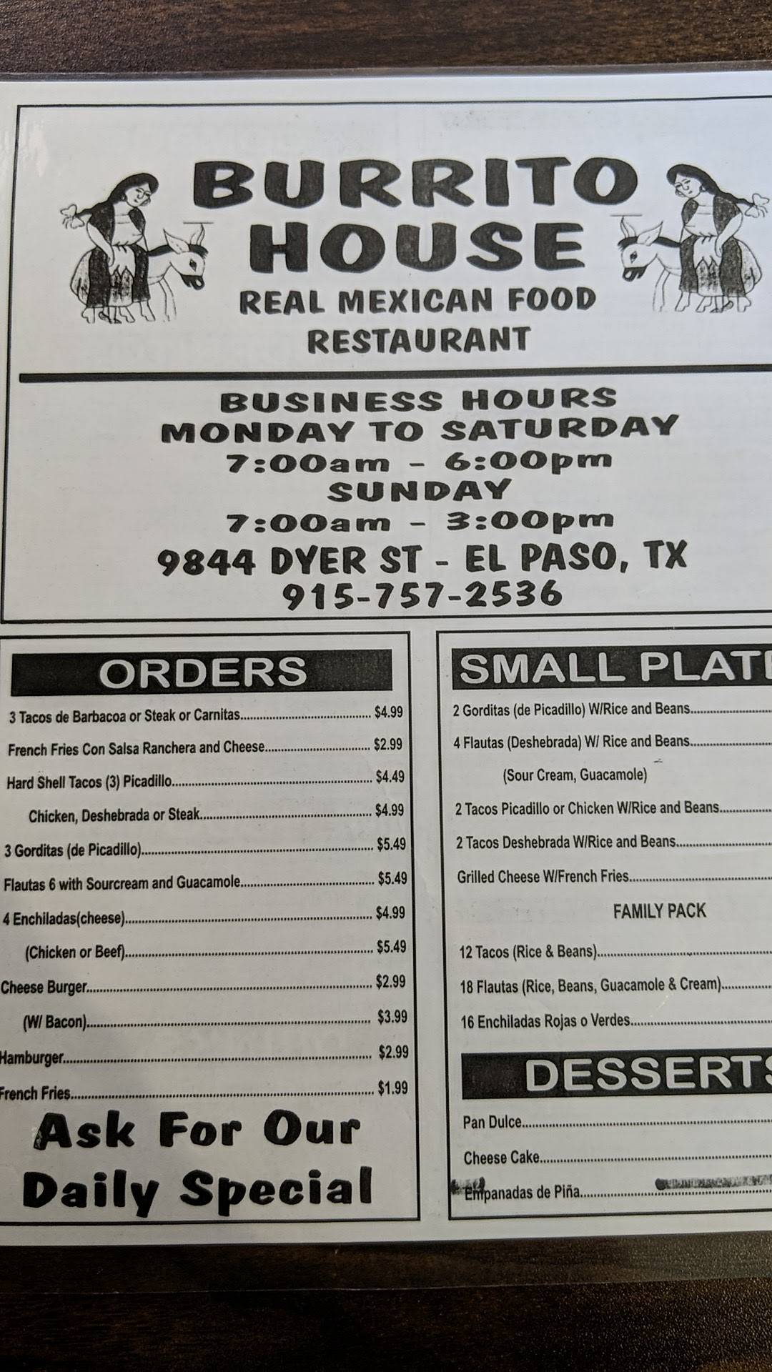 Menu at Burrito House restaurant, El Paso, Dyer St