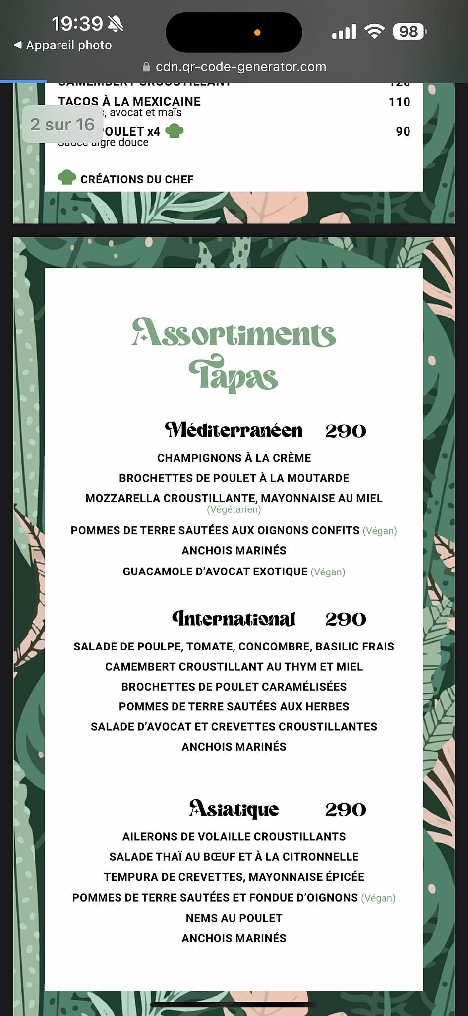 Menu de Entrepotes