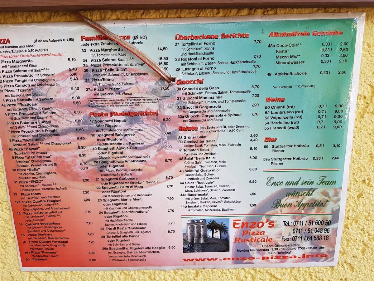 Speisekarte von Enzo's Pizza Rusticale, Fellbach