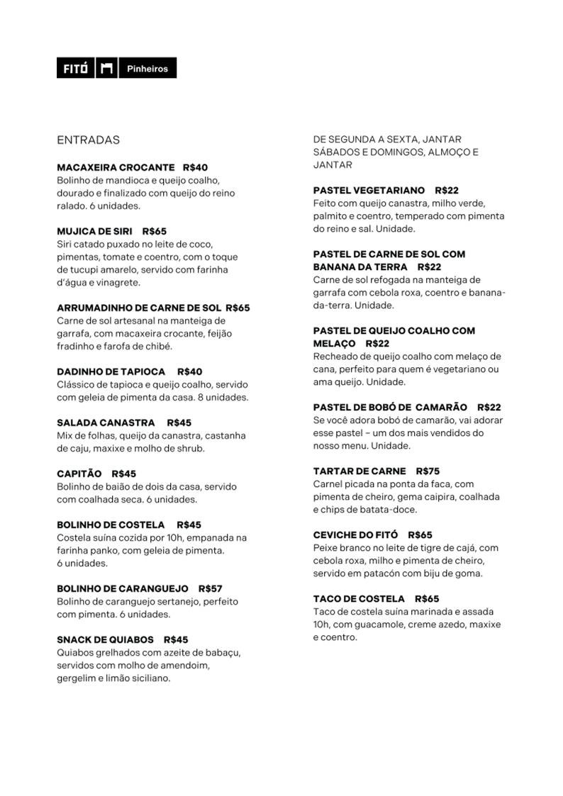 Fitó Pinheiros cardápio