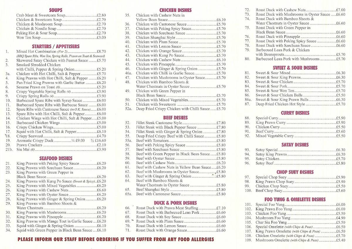 Menu at Kamfai fast food, Alsager
