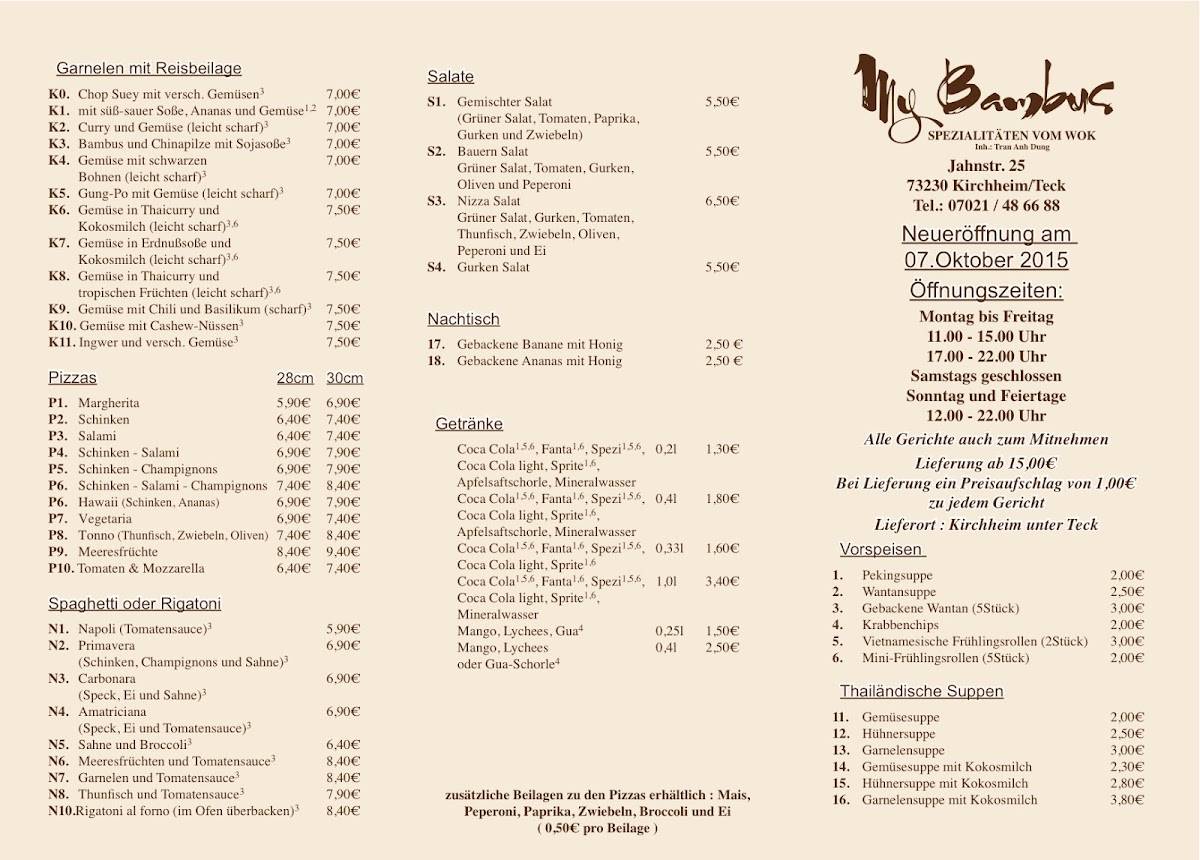 Speisekarte von My Bambus restaurant, Kirchheim unter Teck