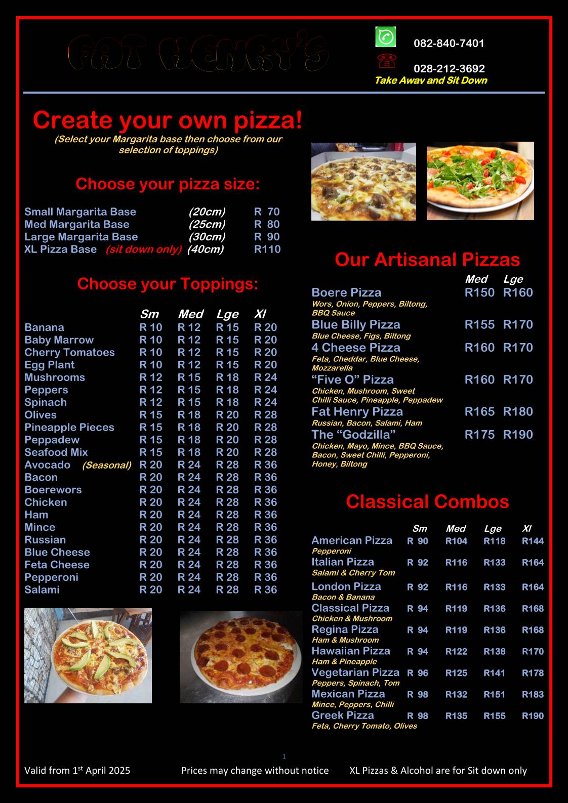 Menu at Fat Henrys restaurant, Caledon