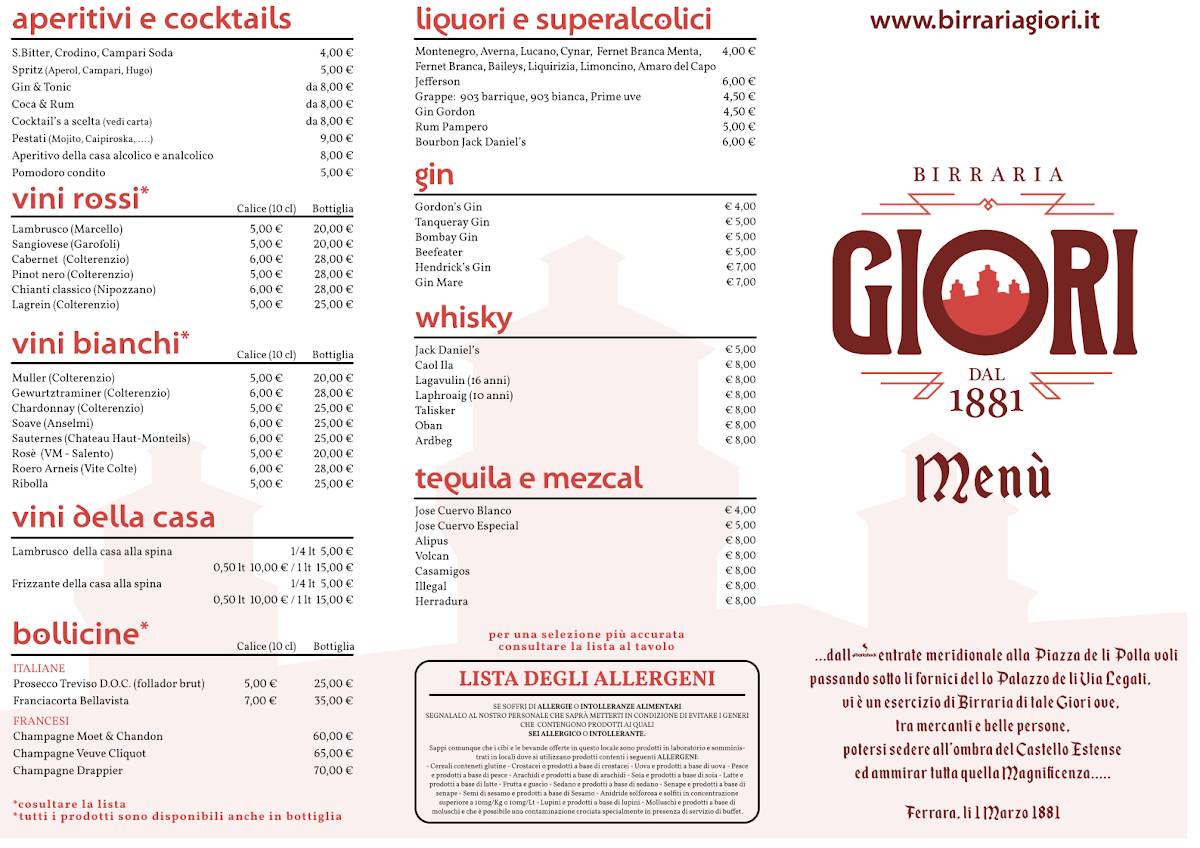 Menu di Birraria Giori Dal 1881 