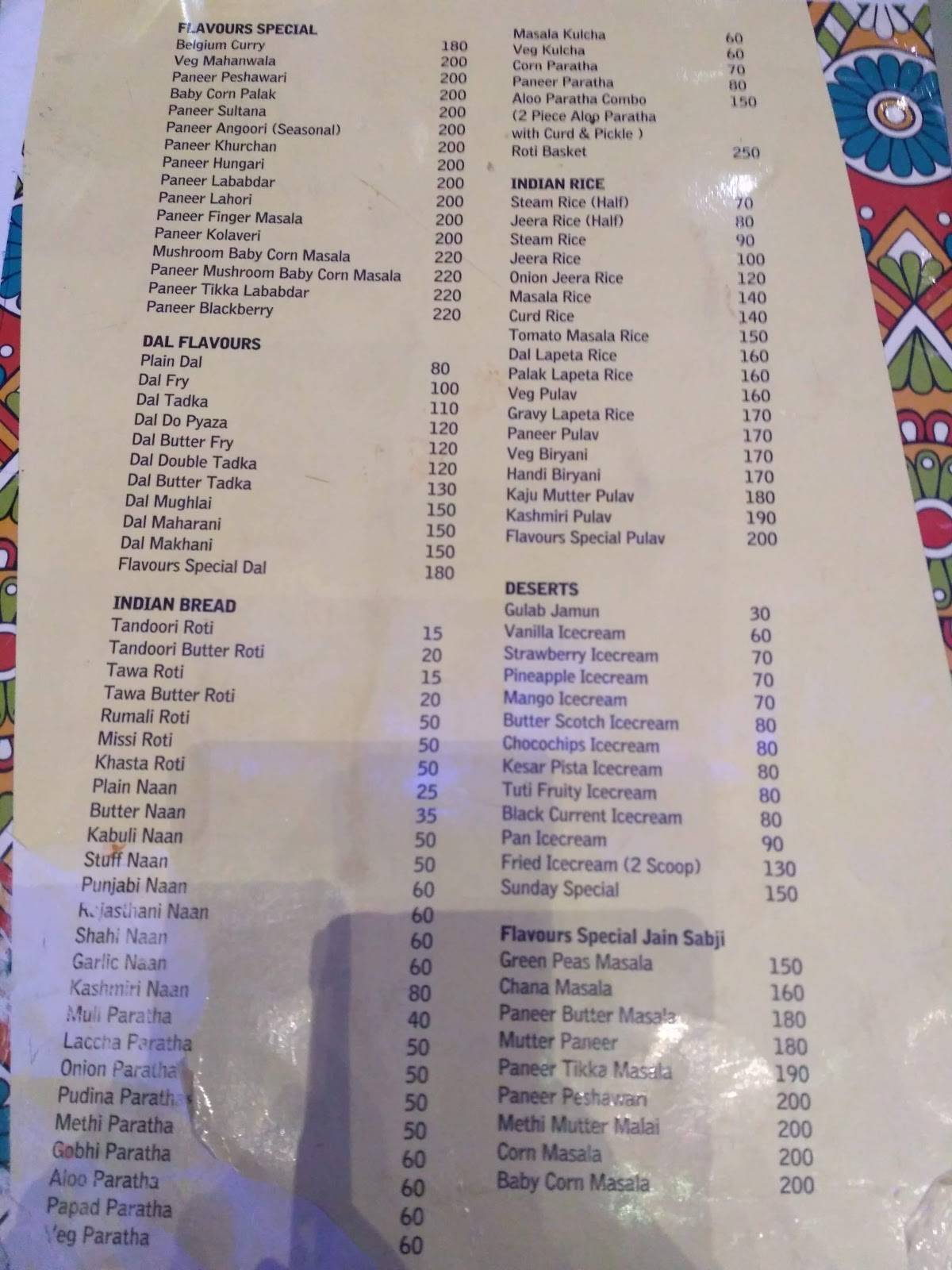 Flavours menu