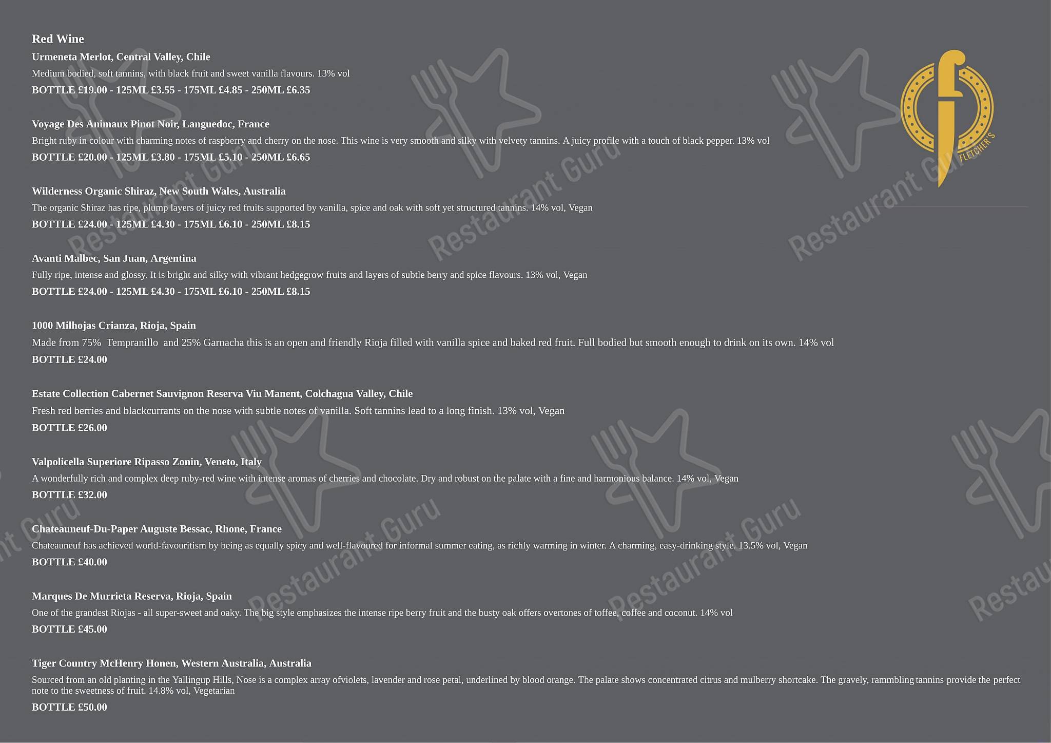 Menu at Fletcher's Restaurant, Plymouth