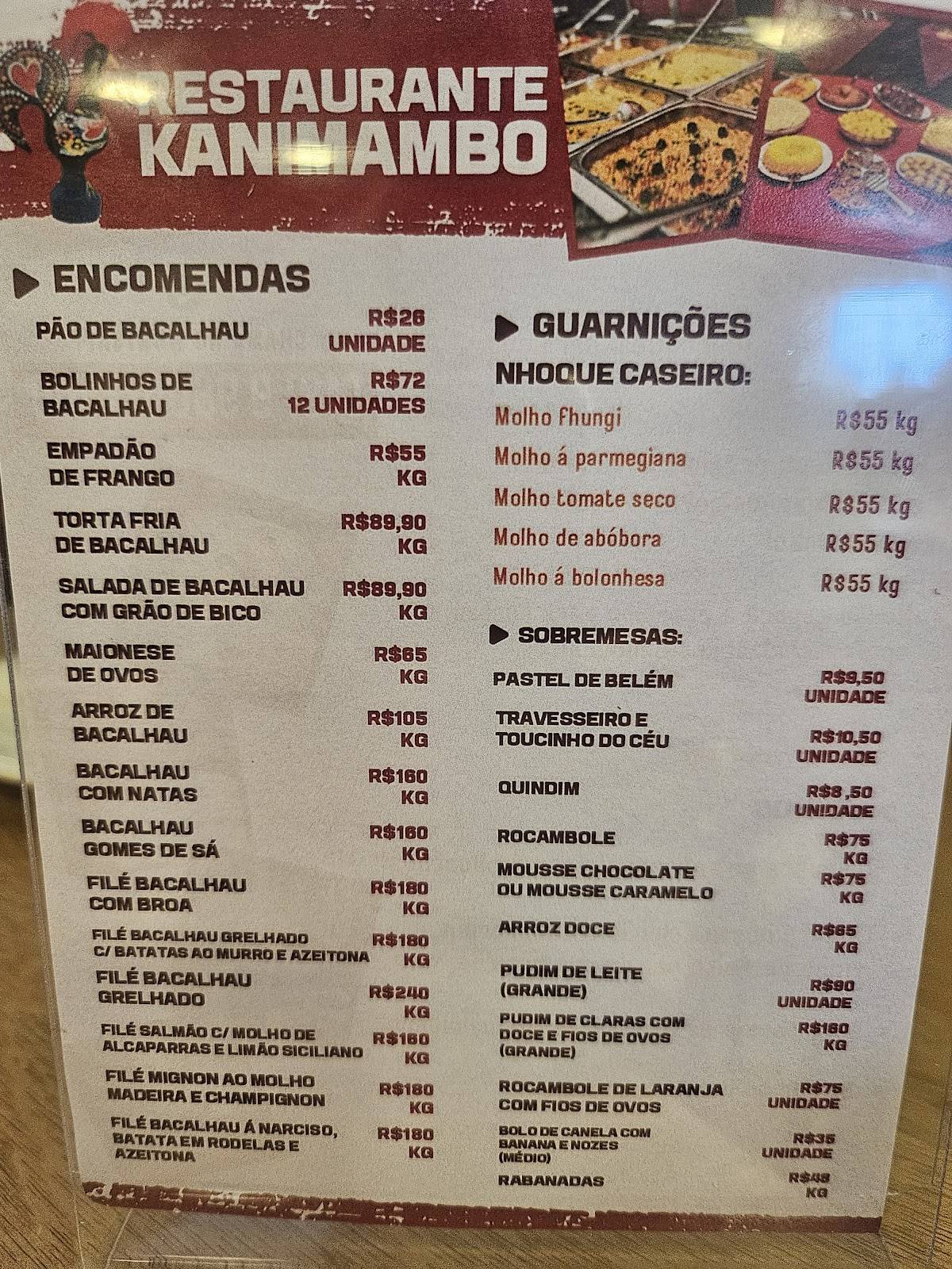 Restaurante Kanimambo cardápio