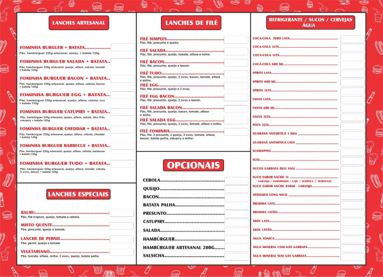 Fominha Lanches e Hot-Dog cardápio