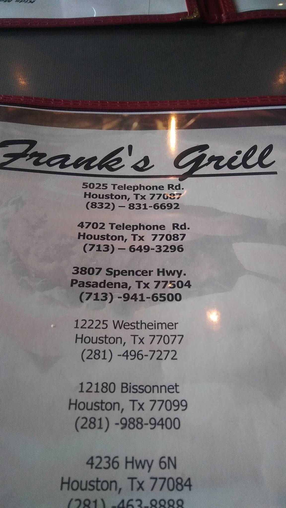 Menu at Frank's Grill restaurant, Houston, Telephone Rd 100