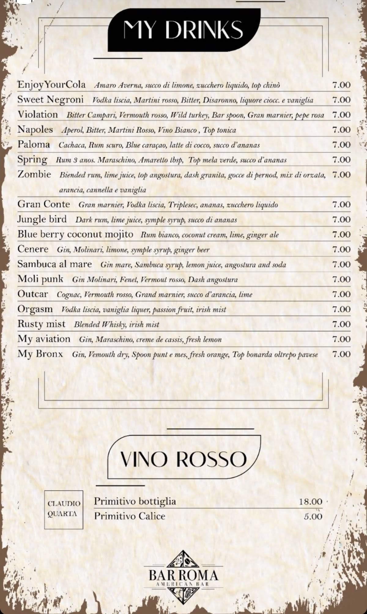 Menu di Bar Roma - American Bar 