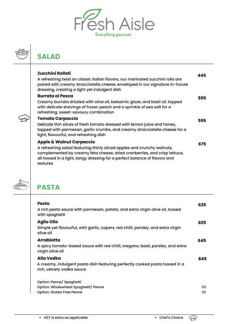 Fresh Aisle Cafe menu