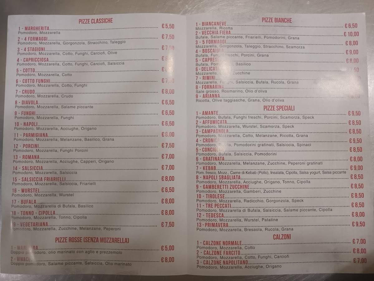 Menu de Friends pizza