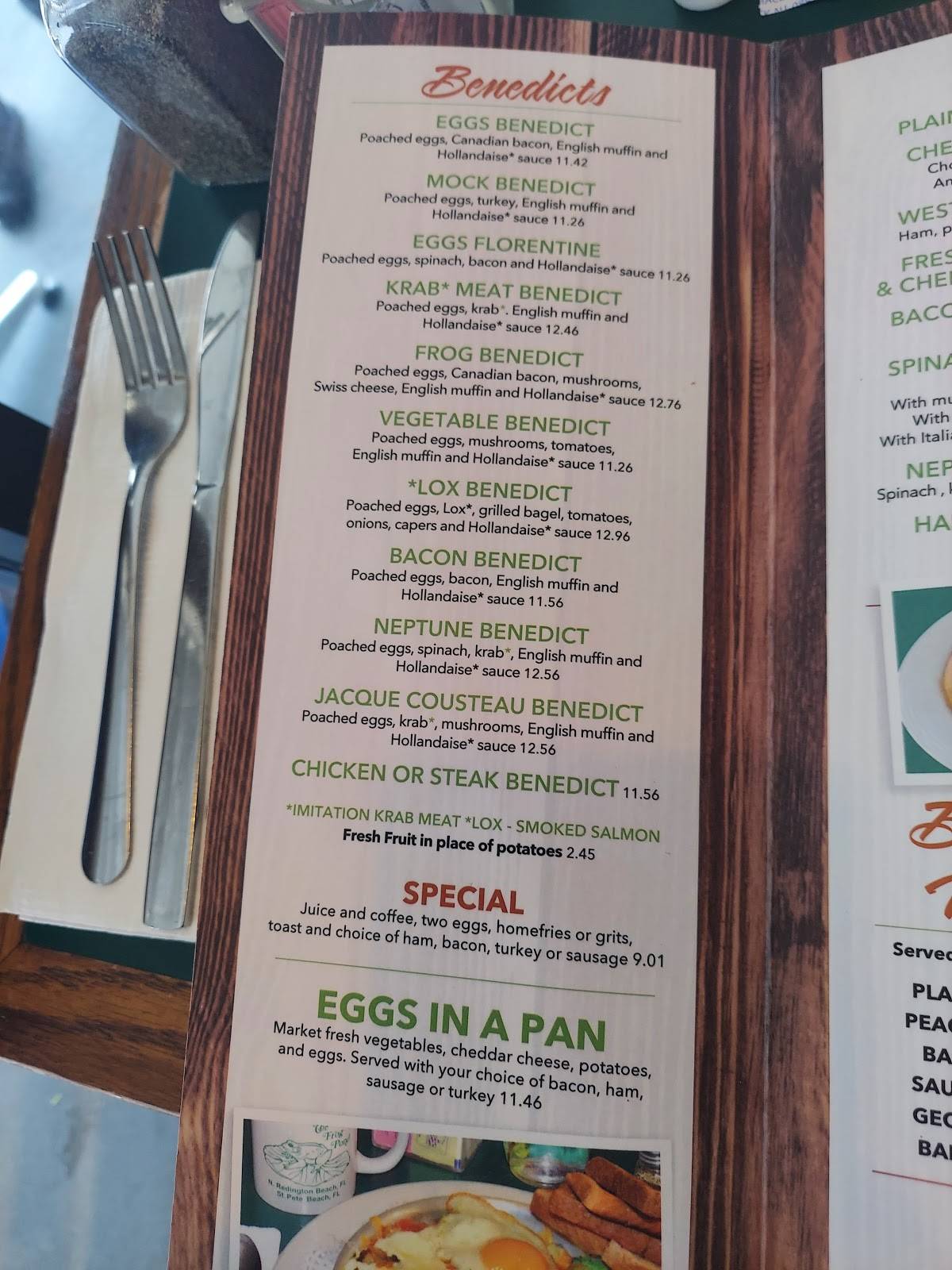 Menu at Frog Pond restaurant, Saint Pete Beach