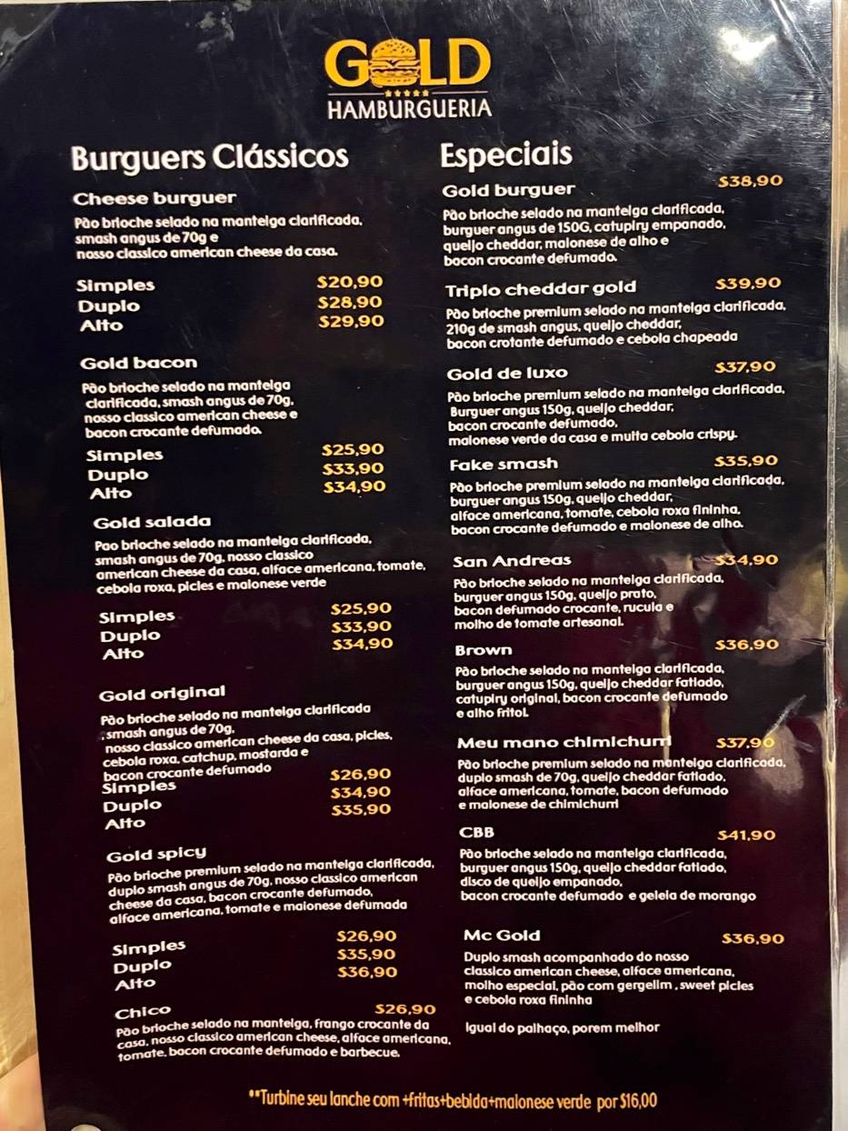 GOLD HAMBURGUERIA cardápio